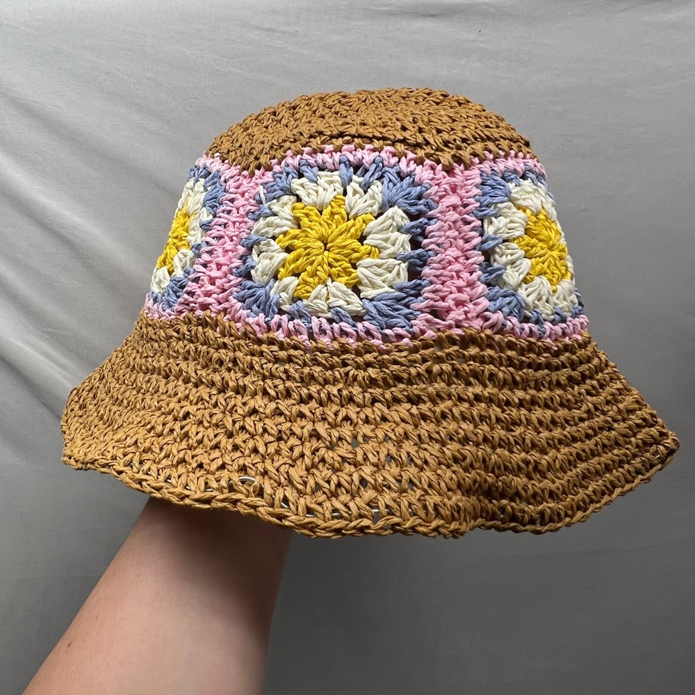 David and Yound crochet straw bucket hat 60s 70s vintage nwt grandma squares